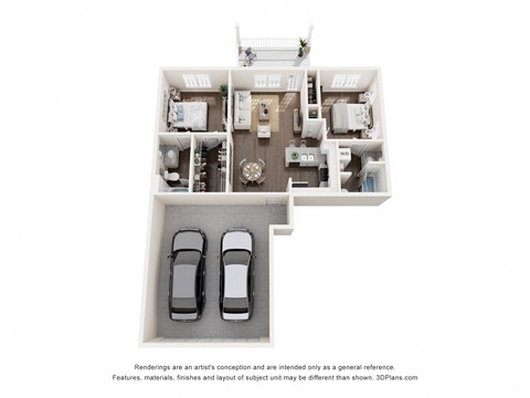 Floor plan for 2 beds, 2 baths, 985 sqft